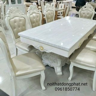 Bàn Ăn mặt đá cổ điển trắng xanh