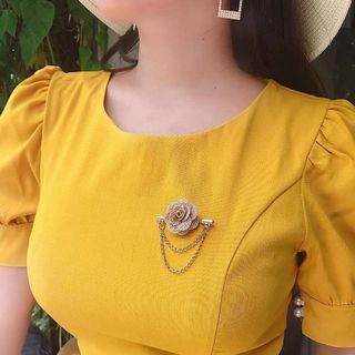 Đầm Dự Tiệc Dập Ly tay Phồng Kèm tag Hoa