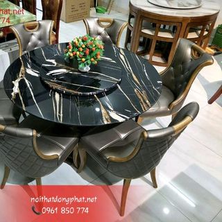 Bàn ăn mặt đá tròn xoay hiện đại 1m3 6 ghế