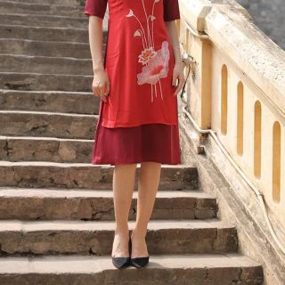Set Aó Dài Cách Tân Thêu Sen Liền Váy