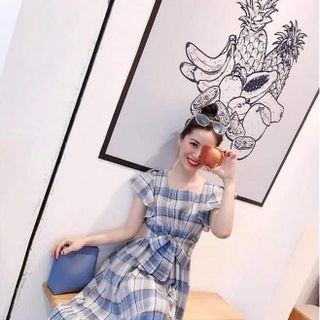 Đầm caro xanh thắt nơ