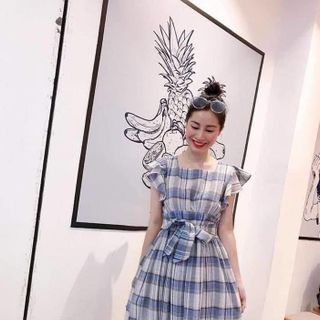 Đầm caro xanh thắt nơ