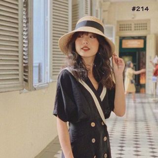 Đầm Cổ Đắp Chéo Đính Nút Gỗ
