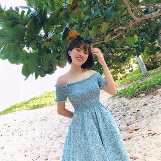 Đầm xòe tay ngắn trễ vai ống nhún