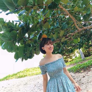 Đầm xòe tay ngắn trễ vai ống nhún