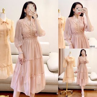 Đầm cổ trụ tay phồng