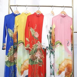 Aó Dài Truyền Thống Tằm In Thêu Sen 4 Màu