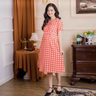 Đầm bầu tay ngắn sọc caro đỏ