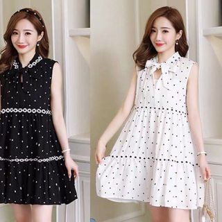 Đầm BaByDoll chấm bi cổ thắt nơ
