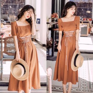 Đầm Trơn cổ vuông eo đan dây