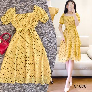 Đầm chấm bi tay phồng thắt nơ