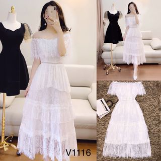Đầm tầng trễ vai phối ren