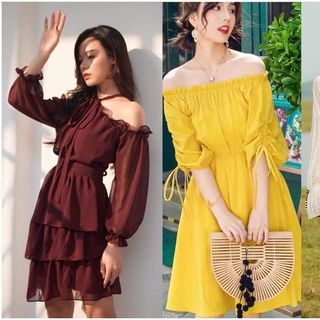 Đầm Xòe trễ vai tay lửng rút nơ