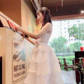 Đầm công chúa ren tầng phối hoa ở eo