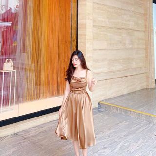 Đầm Xòe 2 Dây Xếp li đính ngọc eo