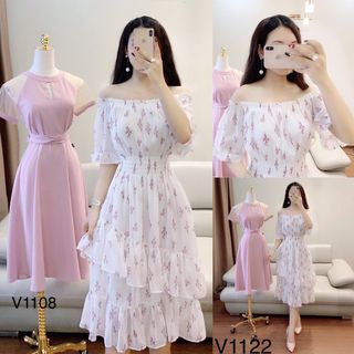 Đầm voan tay lửng trễ vai