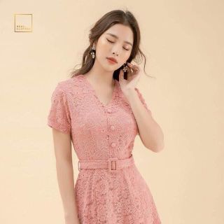 Đầm ren cổ V thắt nịt eo