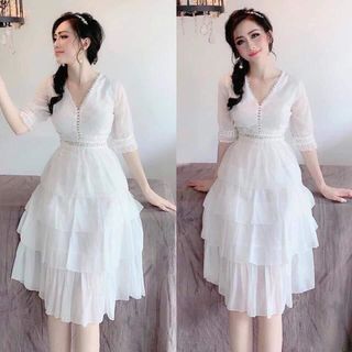 Đầm công chúa cổ chữ v tay lửng
