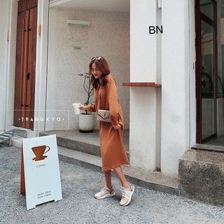 đầm váy suông đẹp dài hàn quốc mùa hè công sở nâu dài tay BN 75289 Kèm Ảnh Thật