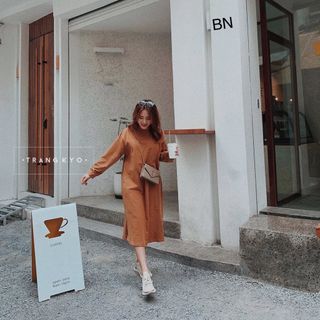 đầm váy suông đẹp dài hàn quốc mùa hè công sở nâu dài tay BN 75289 Kèm Ảnh Thật