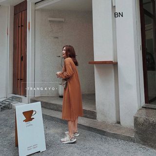 đầm váy suông đẹp dài hàn quốc mùa hè công sở nâu dài tay BN 75289 Kèm Ảnh Thật