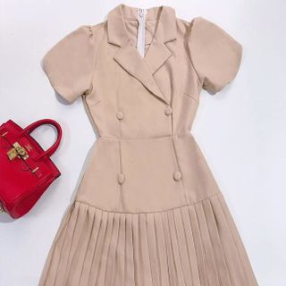 Đầm Cổ Vest Tay Ngắn Dập Ly