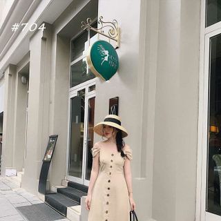 Đầm Rớt Vai Phối Nút Gổ