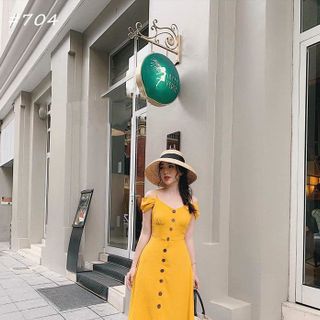 Đầm Rớt Vai Phối Nút Gổ