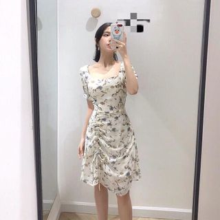 Đầm Hoa Cổ Vuông Rút Dây