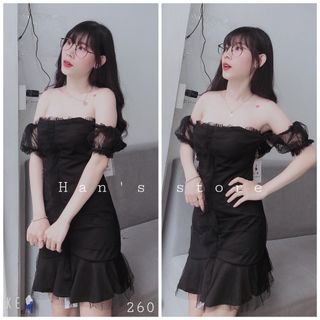 Đầm Bẹt Vai Đuôi Cá Phối Ren Bèo