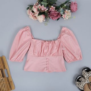 Áo Cổ Vuông Đính Nút Bọc
