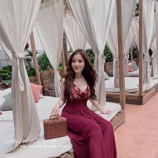 Đầm maxi 2 Dây Thêu Hoa Nhún Bụng