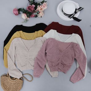 Áo Len Kiểu Nhún Ngực Cổ V