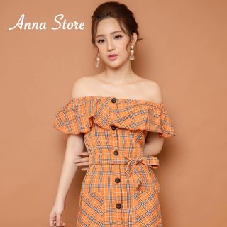 Đầm Thiết Kế Caro Bẹt Vai