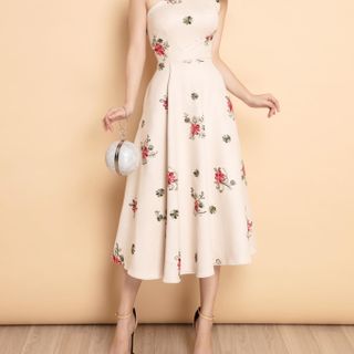 Đầm Thiết Kế Nhung Lệch Vai Thêu Hoa