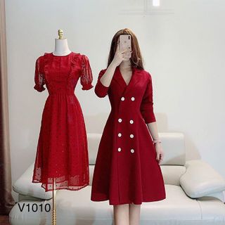 Đầm xòe tay dài phối nút V1183