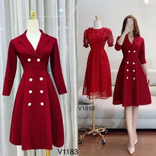 Đầm xòe tay dài phối nút V1183