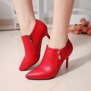 Giày boot cổ thấp bít mũi dây kéo bên hông cá tính da mềm cao 7cm 105