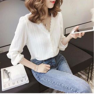 Áo sơ mi cổ V dài tay xinh xắn
