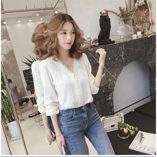 Áo sơ mi cổ V dài tay xinh xắn