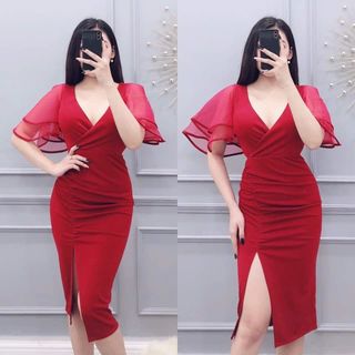 Đầm Body Cổ V Tay Phối Lưới