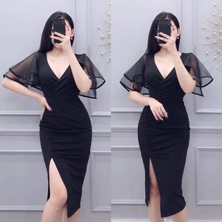 Đầm Body Cổ V Tay Phối Lưới