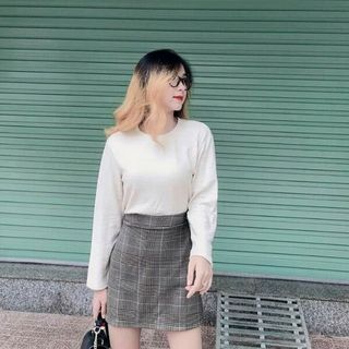 set áo len kèm chân váy caro khoá kéo