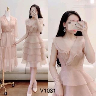 ĐẦM XÒE TẦNG CỔ V XINH XẮN