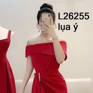 Đầm Đỏ Trễ Vai Bèo Eo Kết Hạt