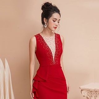 Đầm dự tiệc phối lưới kết hạt ngọc trai MS 2302