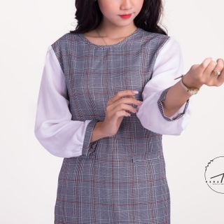 Đầm form chữ A caro phối tay trắng