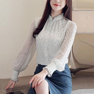Áo Sơ Mi Chấm Bi Cổ Trụ Viền Xếp Ly Cao Cấp