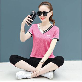 Đồ bộ thể thao nữ thun đốm cổ tim TT342