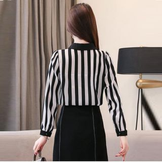 Áo Sơ Mi Công Sở Sọc Trắng Đen Cà Vạt Kiểu Cao Cấp